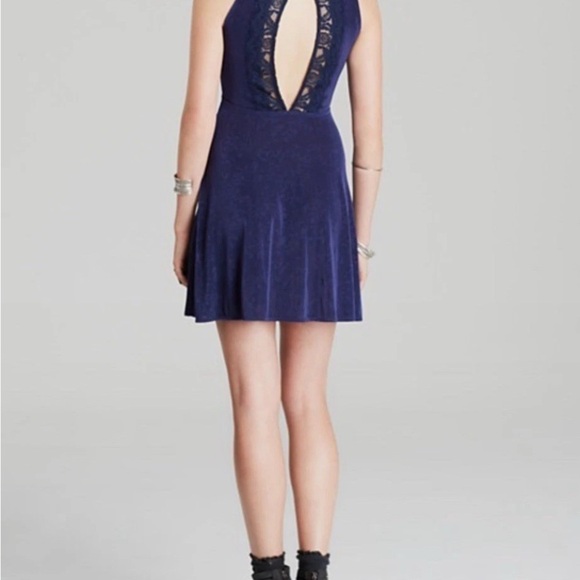 Free People Blue Boho Lady Jane Lace Trim Keyhole Skater XS Mini Dress EUC - Picture 3 of 12